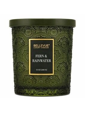 Bellevue Luxury 2-Wick Candle Fern & Rainwater 12oz Green Glass Jar NEW